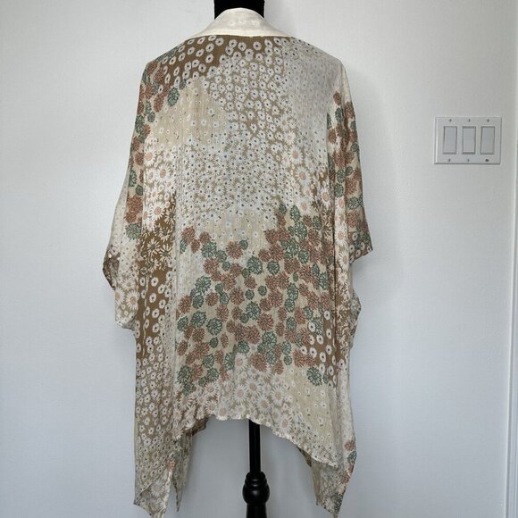 Bohemian Kimono One Size Floral Relaxed Tan Brown Beach Summer Coverup - Picture 2 of 7